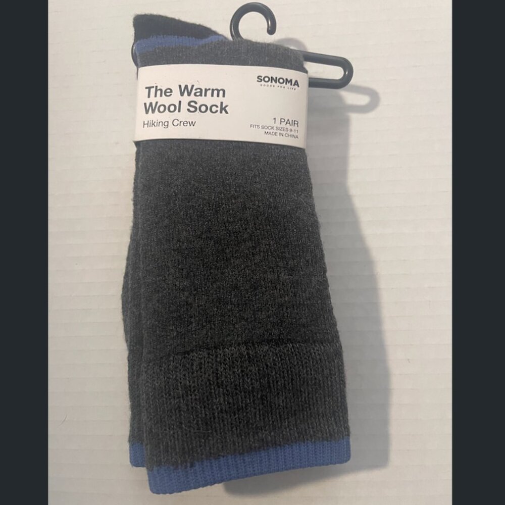 Sonoma "The Warm Wool Sock" Hiking Crew Gray Blue NWT 9-11
